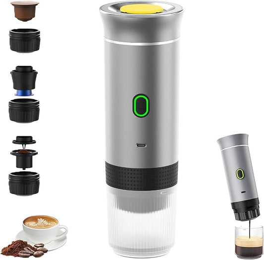 Esprova Portable Espresso Machine, Portable Electric Coffee Maker for Travel Camping, 3-in-1 Self-Heating Espresso Maker, Compatible with Ground Coffee and Capsules, Compact Lightweight (Silver)