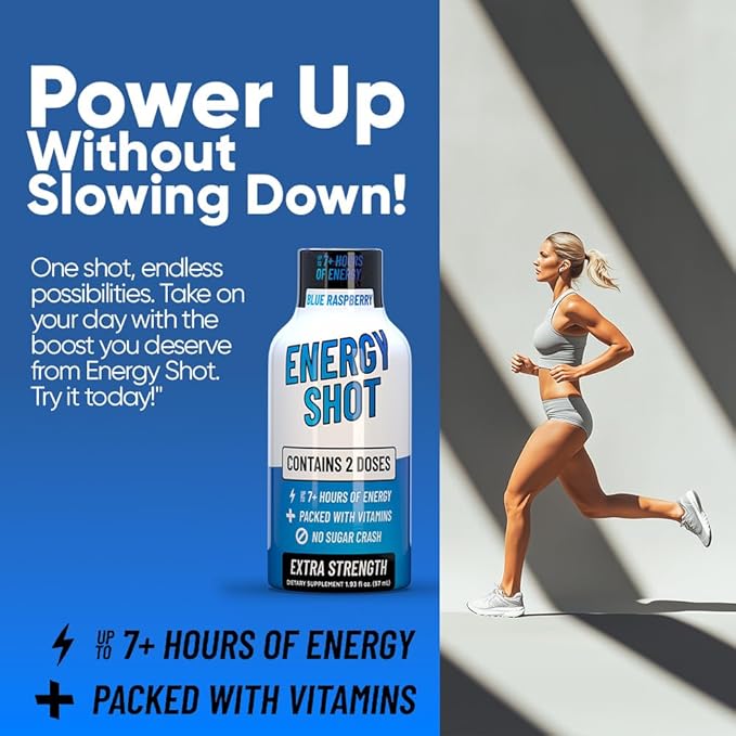 Blue Raspberry Extra Strength Energy Shot 24 pk – 260mg Natural Caffeine B12 B6 – Energy & Focus Support – 2 Servings Sugar Free Zero Calorie Green Tea B-Vitamins Electrolytes Vegan – 1.93 fl oz