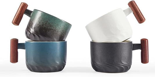 2.5oz Ceramic Espresso Cups with Wooden Handle, Small Coffee Cups Double Shot Espresso Cups Set of 4