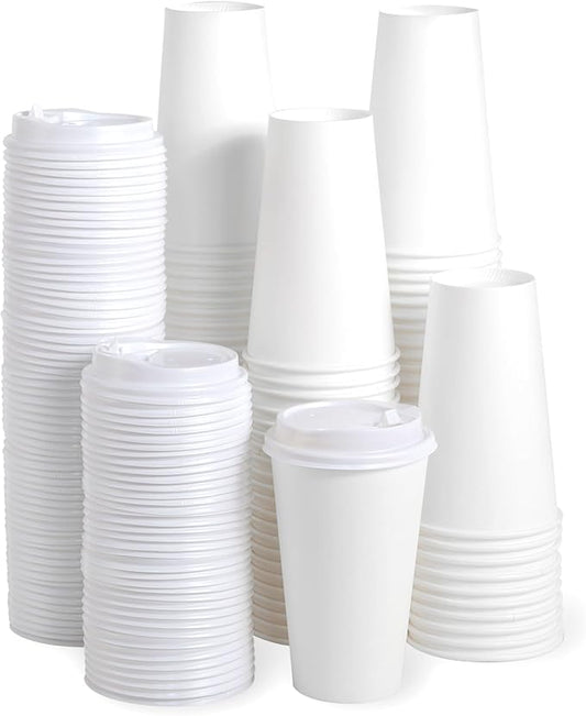JOLLY PARTY [100 Pack] 16 oz Paper Coffee Cups, Disposable Paper Cup with Lids, Hot/Cold Beverage Drinking Cup for Water, Juice, Coffee or Tea, Suitable for Home, Shops and Cafes