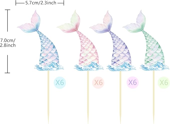 24 Pieces Mermaid Tail Cupcake Toppers Under the Sea Cake Decorations Picks for Mermaid theme Birthday Party Decoration Baby Shower Supplies (Mermaid Tail)