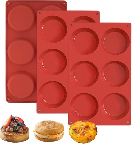 3-Pack Silicone Egg Molds - 3x0.7 Inch Round English Muffin & Breakfast Sandwich Maker, Reusable Non-Stick Baking Pan for Egg Patties, Whoopie Pies, Oven Safe