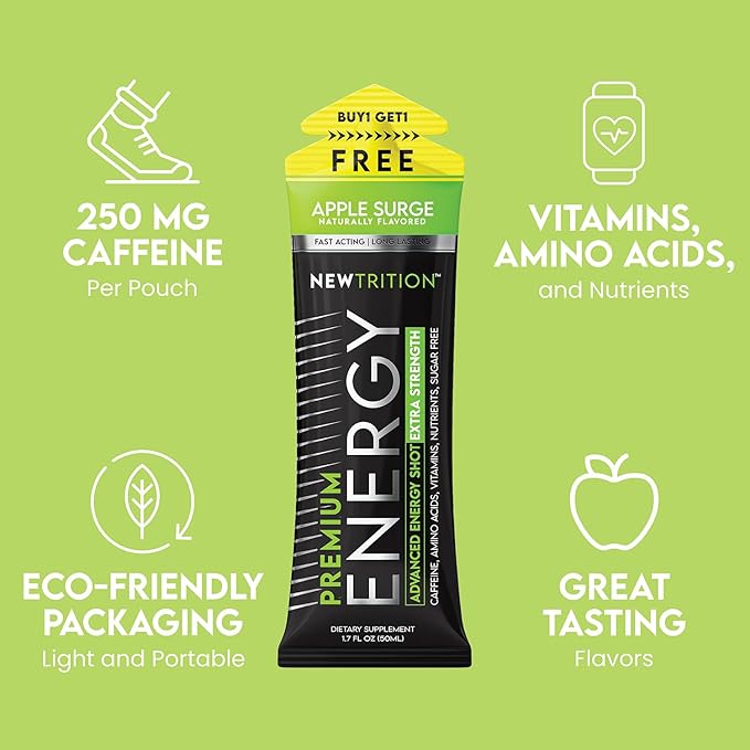 NewTrition® Extra Strength Energy Shots, 250mg Caffeine Energy Shots with Vitamin B & Amino Acids, Sugar-Free Vitamin Energy Shot, 1.7 fl oz (Pack of 24, Apple Surge)
