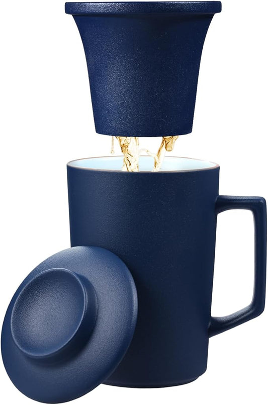 15 OZ Porcelain Tea Infuser Cup with Lid,Ceramic Tea Mug with All-Porcelain Strainers for Loose Leaf Teas,Microwave and Dishwasher Safe Coffee Mug,Metal-Free,BPA-Free,Gifts for Tea-Lover (Blue)