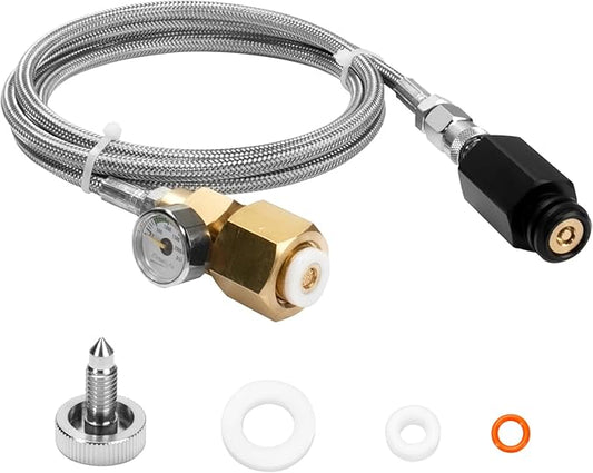 Soda Machine Co2 Adapter for Fizzi One Touch Jet Ninja Thirsti Soda Water Machine, CGA320 to TR21-4 Soda Maker 60inch Stainless Steel Hose Adapter (with Pressure Gauge）