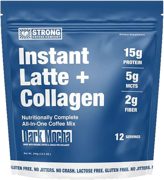STRONG COFFEE COMPANY Instant Cacao Latte - 15g Protein, Instant Protein Coffee with Collagen, Adaptogens & Nootropics, No Crash, No Jitters, 12 Servings Bag