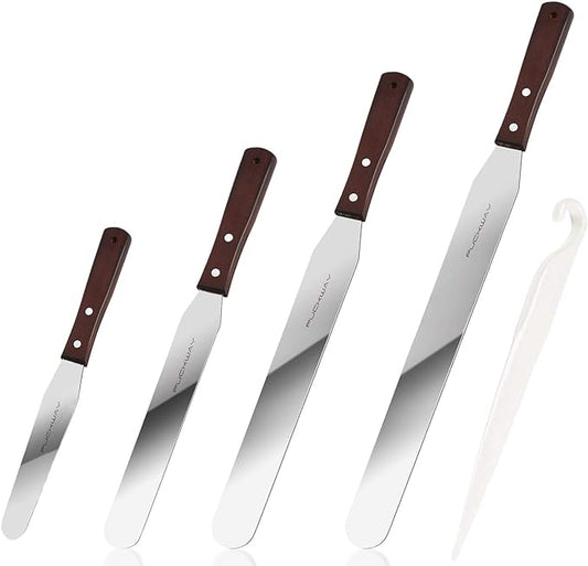 4PCS Cake Decorating Icing Spatula set with 4, 6, 8 & 10 Inch Stainless Steel Blade, Wood Handle Frosting Spatulas and Cake Stripping Tool (Straight Spatulas 4, 6, 8 & 10 Inch)