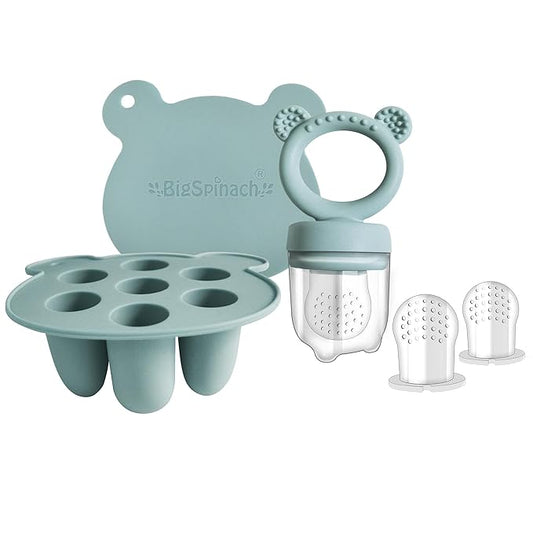 Silicone Baby Food Freezer Tray with Teething Popsicle Molds - Baby Fruit Feeder and Breastmilk Teether Combo
