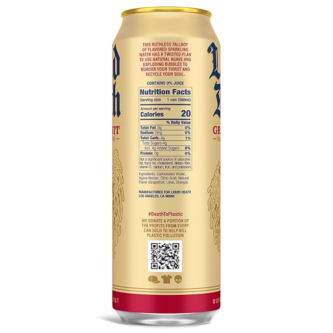 Liquid Death, Grave Fruit, Grapefruit-Flavored Sparkling Water, 8-Pack (19.2oz Cans), Low Calorie & No Artificial Sweeteners