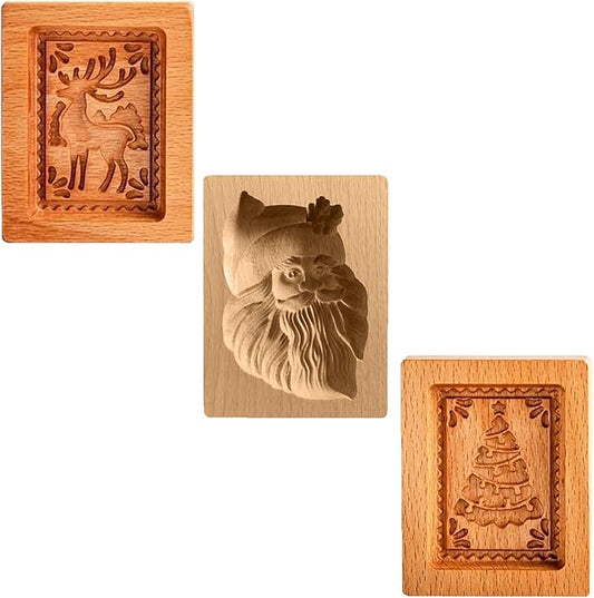 Wooden Cookie Biscuit Mold, 3D Baking Mold, Embossing Craft Decorating Baking Tool, Suitable for Halloween Thanksgiving Christmas Kitchen DIY (Xmas-A-3PCS)