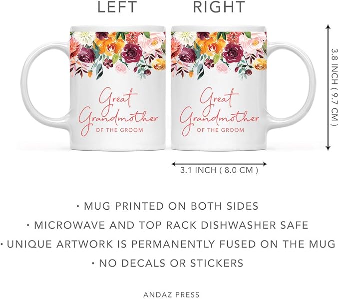 Andaz Press 11oz. Wedding Ceramic Coffee Tea Mug Gift, Fall Autumn Burgundy Orange Peach Flowers Roses Florals, Great Grandmother of the Groom, 1-Pack, Includes Gift Box