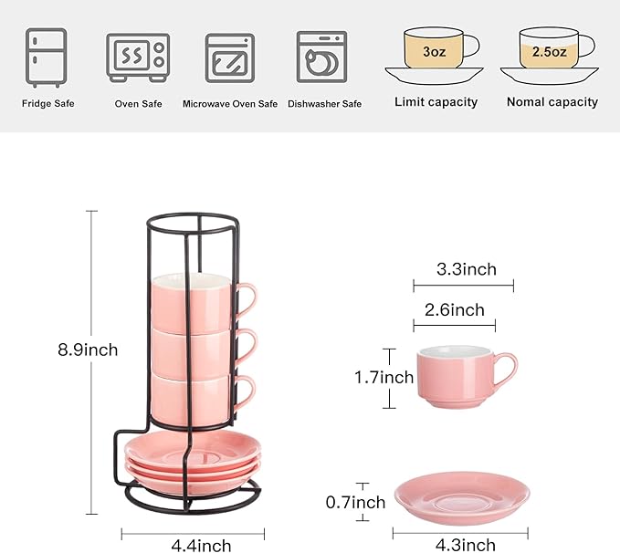 YOLIFE 2.5oz Porcelain Stackable Espresso Cups with Saucers and Metal Stand Set of 4, Stackable Cappuccino Cups, Pink Expresso Shots Cup Set for Coffee Drinks, Latte, Tea