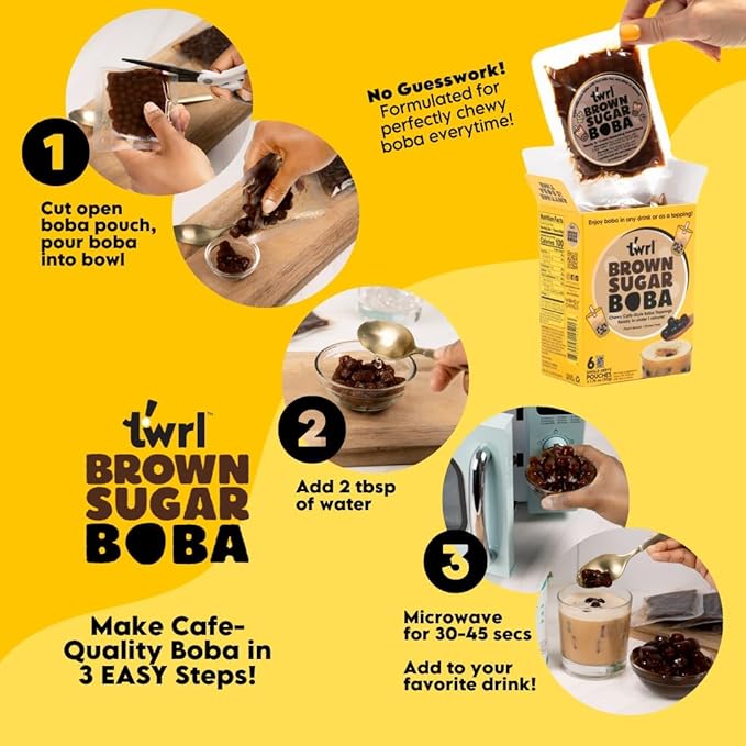 Twrl Brown Sugar Boba Bubble Tea Topping - Taiwanese Boba Pearls, Cafe-Style Tapioca Topping, Instant - Perfect for Milk Tea and Coffee, Gluten-Free, Plant-Based - Pack of 3 Single Servings & 3 Boba Straws