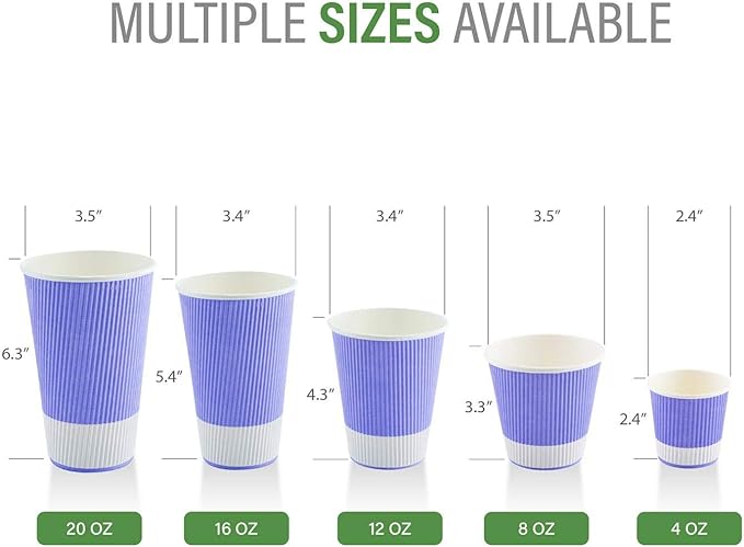 Restaurantware 4 Ounce Ripple Insulated Coffee Cups, 500 Double Wall Corrugated Light Purple Paper Tumblers, Leakproof, Non-Slip Design, Recyclable, Ribbed Surface, Matching Lids Sold Separately