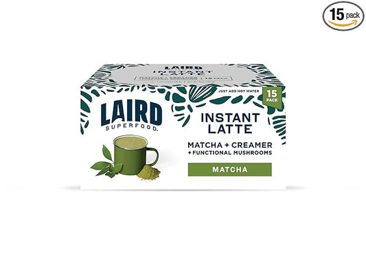 Laird Superfood Instant Latte Matcha, Non-Dairy, Superfood Creamer, Gluten Free, Non-GMO, Vegan, 15pk Sachets
