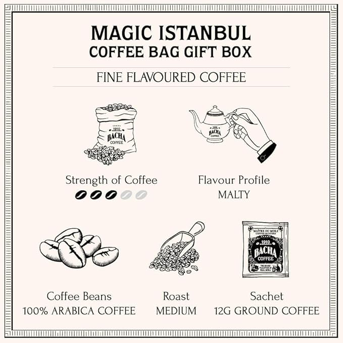 Bacha Coffee | Magic Istanbul Fi Flavoured, 100% Arabica Specialty Coffee, 12 Coffee Drip Bags, Gift Box