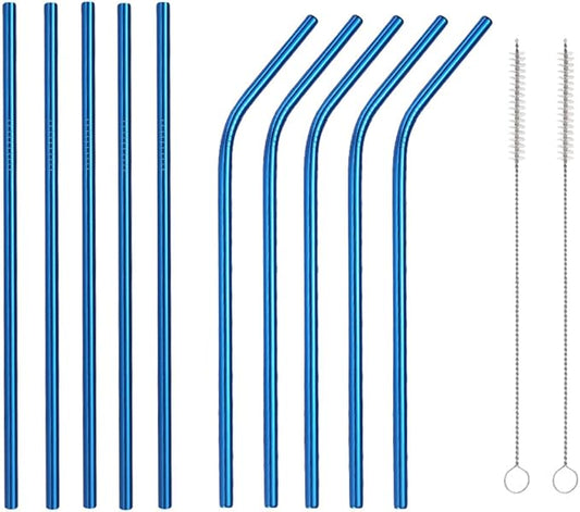 10 Pcs Stainless Steel Straws, Reusable Drinking Straws, 5 Straight + 5 Bent Metal Straws Set With 2 Pcs Cleaning Brushes (Blue, 8.5 Inch)