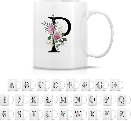 Retreez Initial A-Z Floral Botanical Bouquet Alphabet Monogrammed Monogram Mug 11 Oz Ceramic Tea Coffee Mugs - Appreciation Thank You Wedding Birthday Gifts for her friend coworker sister - P Initial
