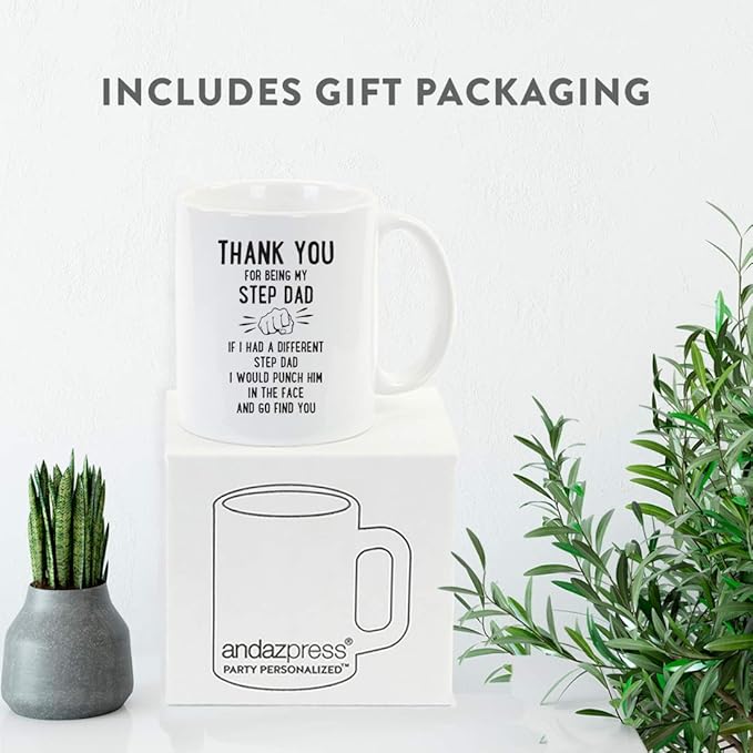 Andaz Press Funny Family 11oz. Coffee Mug Gift, Thank You For Being My Step Dad, Punch in Face, 1-Pack, Christmas Birthday Drinking Cup Present Ideas