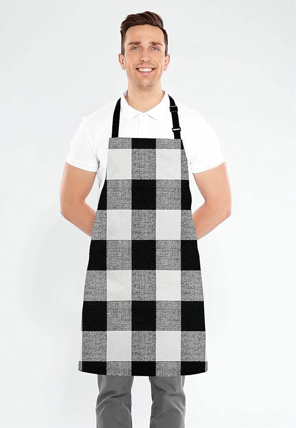 Black and White Buffalo Plaids Bib Apron with Adjustable Neck for Men Women,Suitable for Home Kitchen Cooking Waitress Chef Grill Bistro Baking BBQ Cobbler Apron