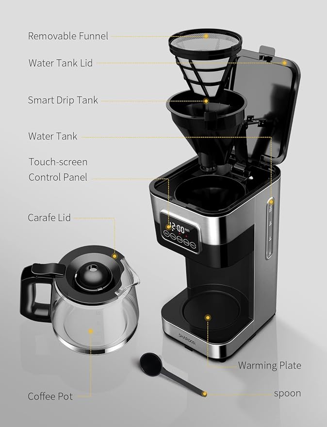 SHARDOR 10-Cup Programmable Coffee Maker, Regular & Strong Brew Drip Coffee Machine for Home and Office, Auto Shut Off, Permanent Filter, Silver