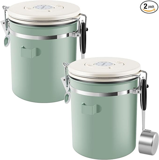 2Pcs Coffee Storage Canister 1.5L Double Airtight Coffee Beans Container with Date Locator 304 Stainless Steel Kitchen Food Storage Container with Spoon for Coffee Beans Grounds Tea,Green Sugar,Green