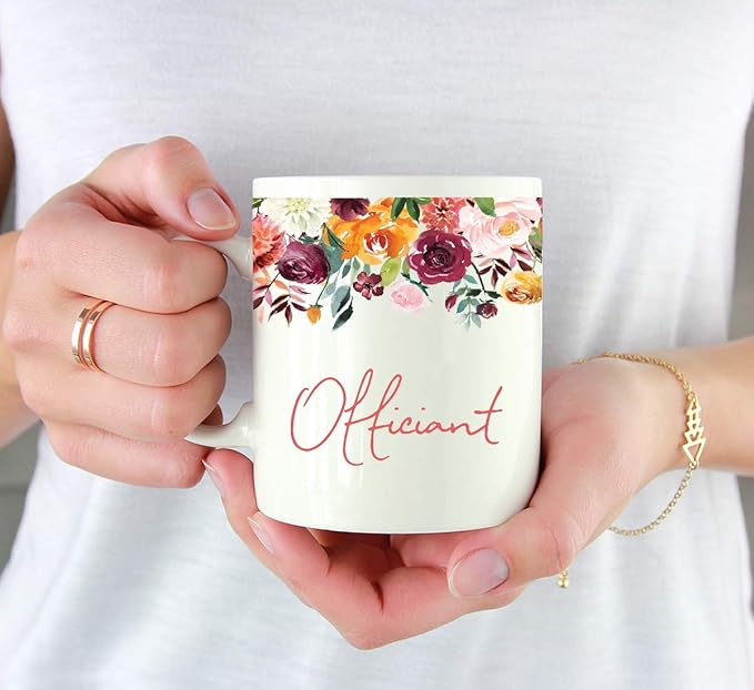 Andaz Press 11oz. Wedding Ceramic Coffee Tea Mug Gift, Fall Autumn Burgundy Orange Peach Flowers Roses Florals, Officiant, 1-Pack, Includes Gift Box