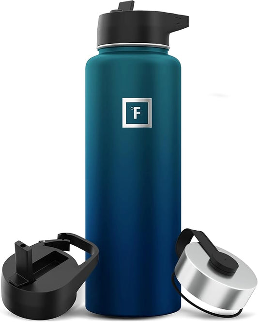 IRON °FLASK Camping & Hiking Hydration Flask with 3 Lids - Stainless Steel, Double Walled & Vacuum Insulated Water Bottle - Leak Proof & BPA Free (Dark Night, Straw - 40 oz)