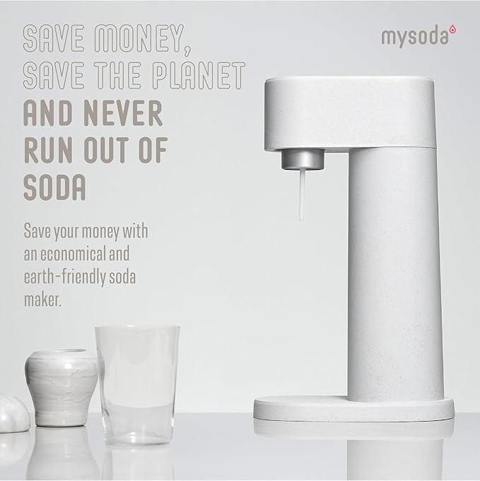 Mysoda Woody Sparkling Water Maker - Silent Carbonated Water Machine Made of Renewable Wood Composite and 1L Water Bottle - Without CO2 Cylinder - Seltzer Maker Machine - Colour White