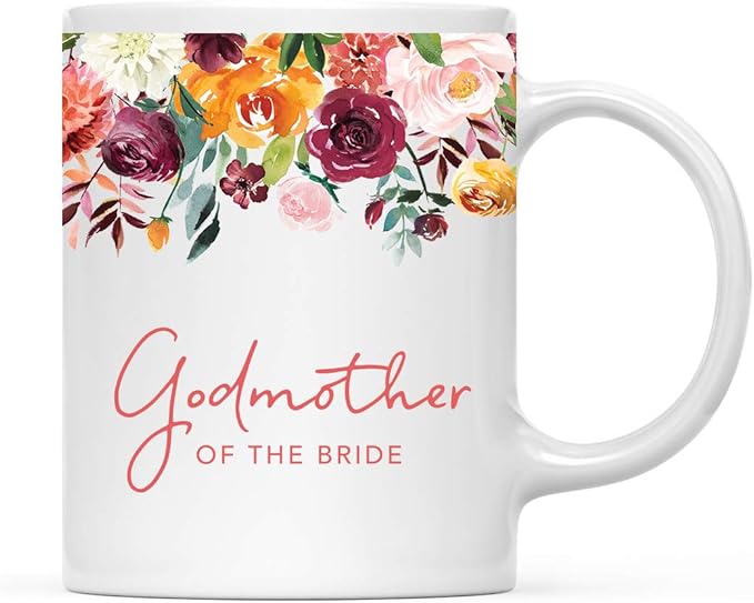 Andaz Press 11oz. Wedding Ceramic Coffee Tea Mug Gift, Fall Autumn Burgundy Orange Peach Flowers Roses Florals, Godmother of the Bride, 1-Pack, Includes Gift Box