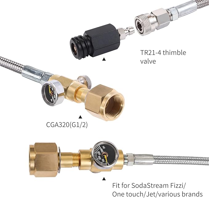 CO2 Tank CO2 Cylinder Direct Adapter with 60in Stainless Steel Hose Pressure Gauge & Exhaust Valve, CGA320 to TR21-4 Soda Maker Connector for Fizzi One Touch Jet Ninja Thirsti