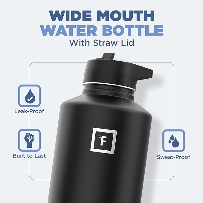 IRON °FLASK Camping & Hiking Hydration Flask with 3 Lids - Stainless Steel, Double Walled & Vacuum Insulated Water Bottle - Leak Proof & BPA Free (Cobalt, Straw - 64 oz)