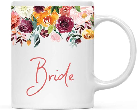 Andaz Press 11oz. Wedding Ceramic Coffee Tea Mug Gift, Fall Autumn Burgundy Orange Peach Flowers Roses Florals, Bride, 1-Pack, Includes Gift Box
