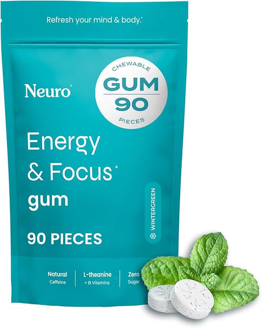 Neuro Energy & Focus Gum - 40mg Natural Caffeine Gum & Nootropic Energy Supplement with L-Theanine & B Vitamins - Sugar Free, Vegan - Wintergreen, 90ct
