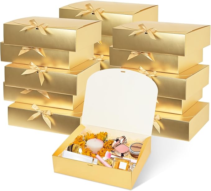 15Pack Gift Boxes with Lids, 10.6x7.8x3.1 Inches Bridesmaid Proposal Boxes with Ribbon, Gold Gift Boxes for Presents,Kraft Paper Boxes for Wedding Christmas Birthday Baby Shower Party