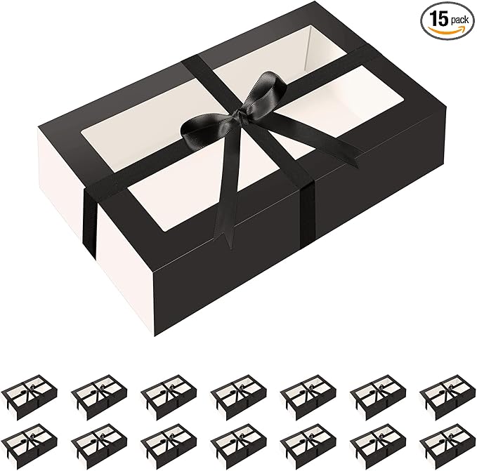 HAPPY POTATO 15 Pack Macaron Boxes - 12 Count, 7.2x4x1.9 Inches, Black with Clear Window, Includes Ribbon