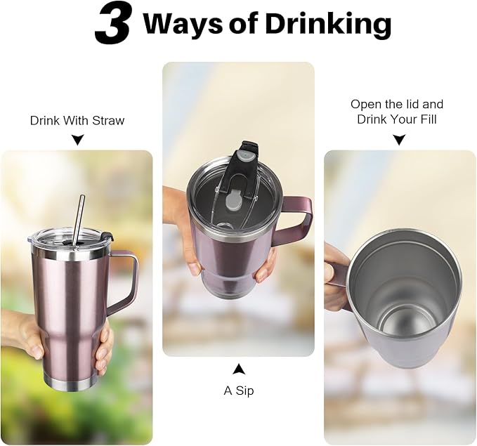 20 oz Tumbler with Handle, Stainless Steel Insulated Tumbler with Lid and Straw, Double Wall Vacuum Coffee Mug Tumbler, Insulated Coffee Thermal Cup for Cold and Hot (Rose gold)