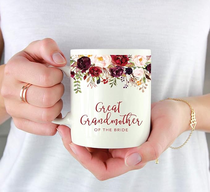 Andaz Press 11oz. Wedding Ceramic Coffee Tea Mug Gift, Fall Autumn Marsala Burgundy Flowers Roses Florals, Great Grandmother of the Bride, 1-Pack, Includes Gift Box