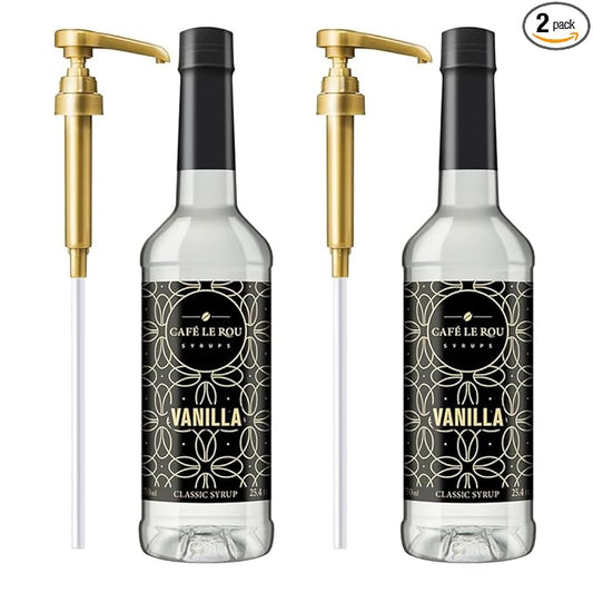 "NEW" Café Le Rou Vanilla Coffee Syrup - 25.4oz Cafe Flavoring Syrup (Vanilla, 2-pack) Includes 2 Coffee Syrup Dispensers Flavoring Syrup for Coffee, Tea and