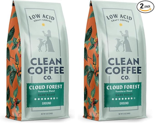 Clean Coffee Co. - Low Acid Dark Roast, Tested for Molds and Toxins, Honduras Blend, Notes of Caramel, Dark Chocolate, and Toasted Malts (Ground, 12 oz Bag) (Pack of 2)