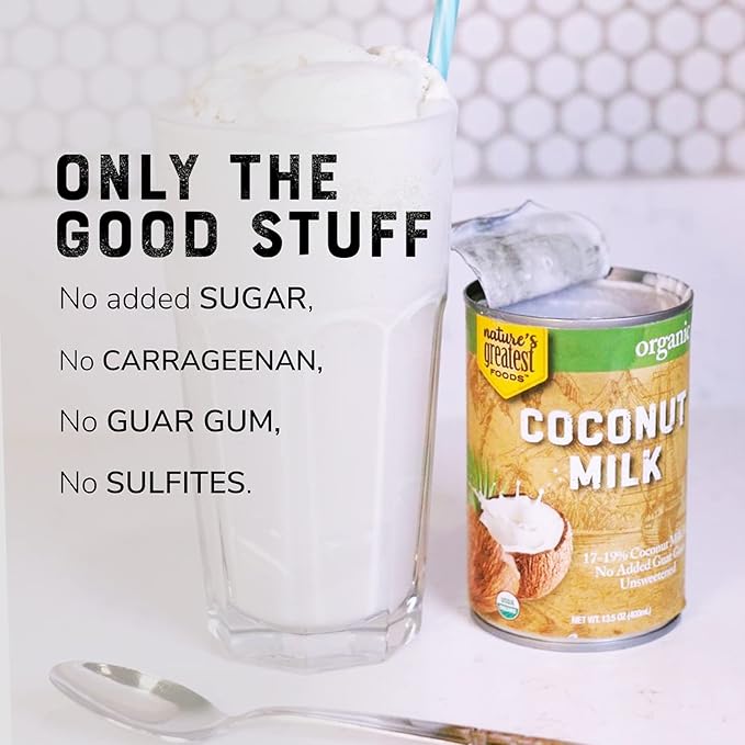 Nature's Greatest Foods Organic Coconut Milk - 13.5 oz, No Guar Gum, No Preservatives Gluten-Free, Vegan and Kosher - 17-19% Coconut Milk Fat, Unsweetened (12-Pack)