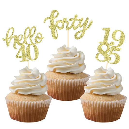 Gold Glitter 40th Birthday Cupcake Toppers 40th Birthday Celebrating Party Decorations - Set of 24