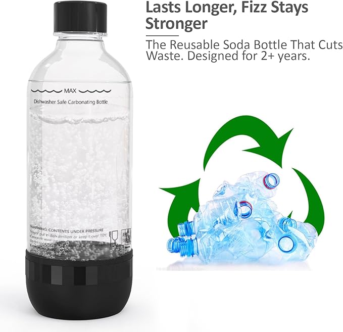 Soda Bottles 1 Litre - Set of 2 BPA-Free PET Reusable - 1 x Black & 1 x White Sparkling Water Bottles Compatible with Soda Machine & Water Carbonator