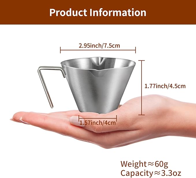 4Pcs Stainless Steel Espresso Cups, Double Spout Metal Espresso Measuring Cup with Handle, Dual Scale Espresso Shot Cup with V-Shaped Mouth, 3.4oz/100ml (Silver)