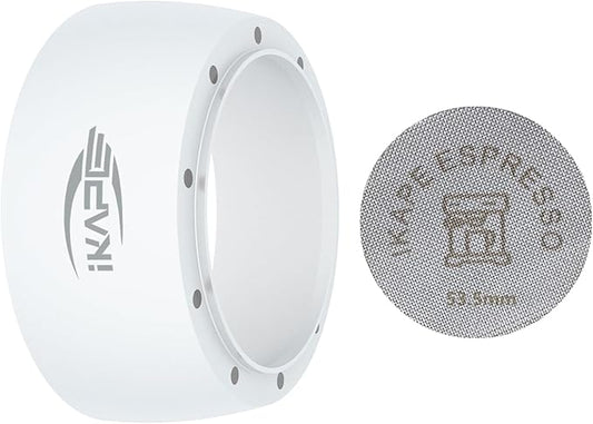 IKAPE Magnetic Dosing Funnel Set, 53MM Espresso Dosing Ring & Puck Screen Kit Compatible with Delonghi 54MM Bottomless Portafilter - with 8 Small Magnet (White)