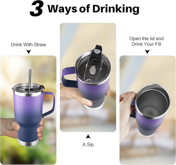 20 oz Tumbler with Handle, Stainless Steel Insulated Tumbler with Lid and Straw, Double Wall Vacuum Coffee Mug Tumbler, Insulated Coffee Thermal Cup for Cold and Hot (Purple Navy blue, 20, ounces)