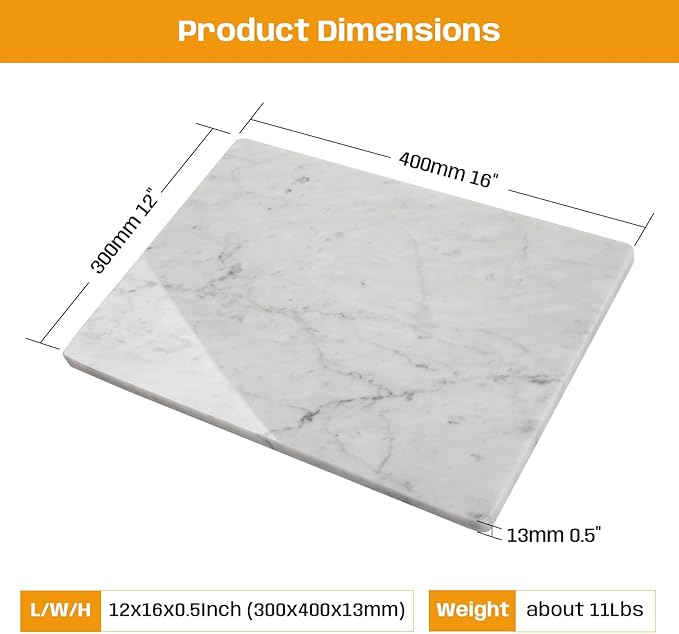 Marble Pastry and Cutting Board 12x16 Inch, Marble Slab With Non-Slip Feet For Baking, Cheese, Charcuterie, Chocolate, Pack of 1 Piece, Carrara White