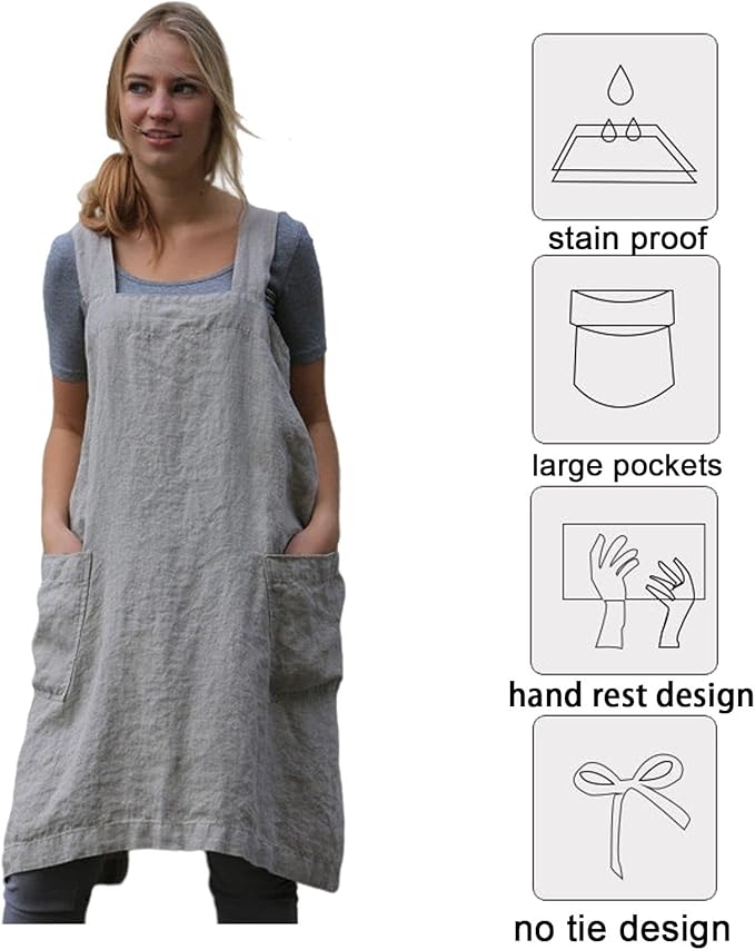 ZQFFB Pinafore Cross Back Apron for Women with Pockets Japanese Smock for Work Gardening Cooking Painting Baking