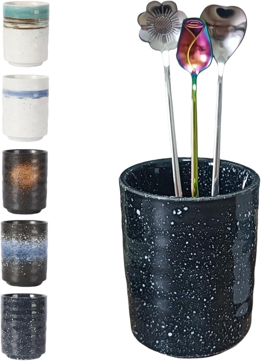 Stoneware Coffee Bar Utensil Holder Tea & Coffee Spoon & Stirrer Holder for Stir Stick Straw Teaspoon Holder Spoon Cup Small Utensil Jar (Starry night)