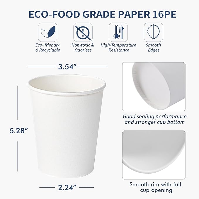 Turbo Bee Disposable Paper Coffee Cups 16oz, 210 Pack White Paper Cups,Disposable Hot Drinking Cups